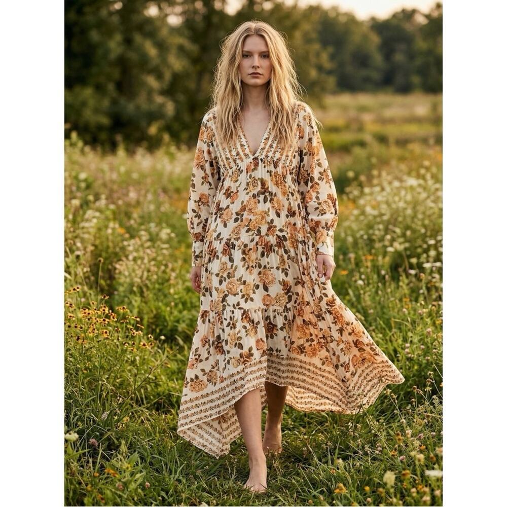 Free People Ethereal Dainty Row of Roses Floral Maxi Dress Size Small